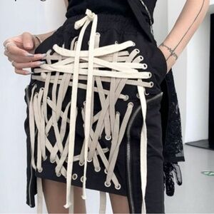 Black and Cream Lace-Up Mini Skirt